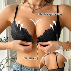 Front Closure Lace Bra with floral lace cups, underwire support, thin cups, and adjustable straps