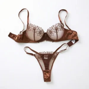 Daisy Embroidery Bra Set with floral mesh cups, underwire support, matching thong, and romantic styling