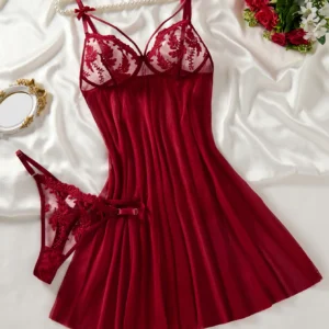 Embroidered Mesh Nightgown with spaghetti straps, bow details, sheer lace cups, and elegant summer styling