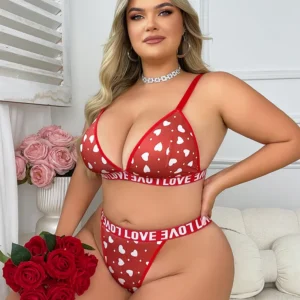 Love Print Bra Set with heart print bra, matching panty, wire-free support, and comfortable plus size styling