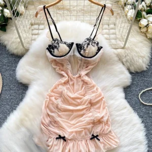 Embroidered Ruffle Dress with strapless neckline, slim fit, mini length, and feminine embroidery detail