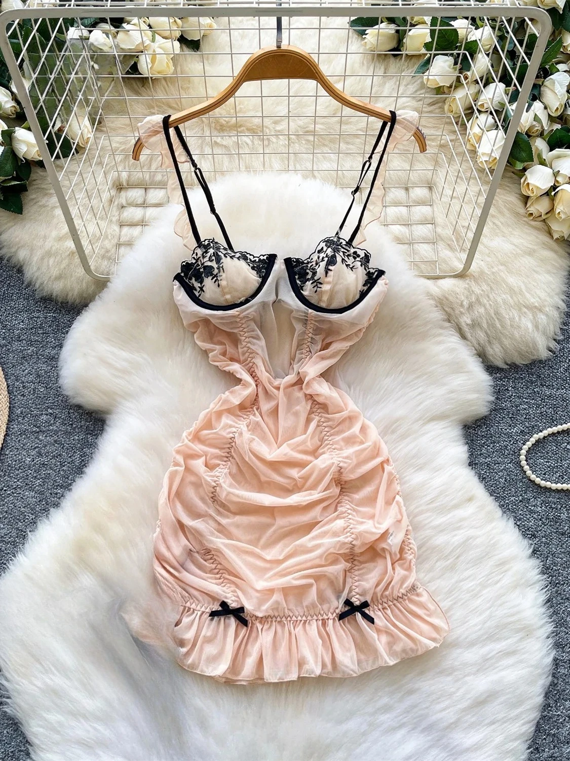 Embroidered Ruffle Mini Dress Embroidered Ruffle Dress with strapless neckline, slim fit, mini length, and feminine embroidery detail