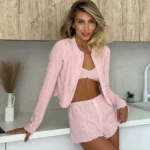 Knit Pajama Set with long sleeve shirt, soft bralette, matching shorts, and modern homewear styling
