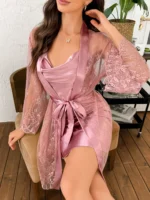 Lace Robe Nightgown Set with smooth robe, matching sling nightgown, waist tie, and romantic sleepwear styling