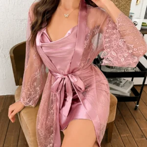 Lace Robe Nightgown Set with smooth robe, matching sling nightgown, waist tie, and romantic sleepwear styling