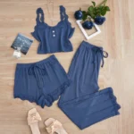3PCS Pajama Set with lace-trim vest top, matching shorts, long ribbed pants, and soft homewear styling