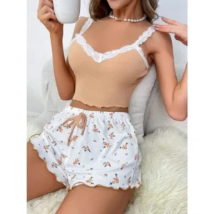 Floral Cami Pajama Set with lace trim top, printed shorts, and soft summer loungewear styling