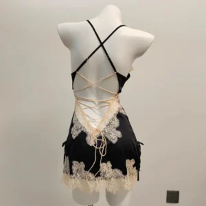 Ice Silk Nightdress with V-neckline, lace detail, thin fabric, and elegant summer sleepwear styling