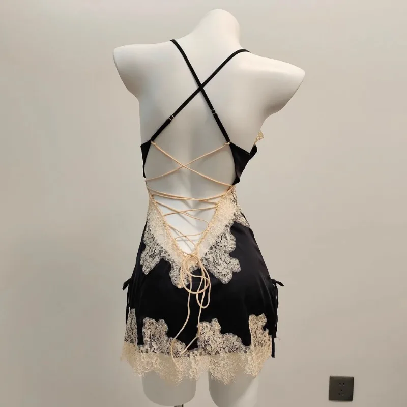 Luxe Lace Ice Silk Nightdress Ice Silk Nightdress with V-neckline, lace detail, thin fabric, and elegant summer sleepwear styling