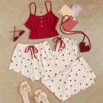 Heart Pajama Set with sleeveless vest top, matching shorts, long pants, heart print, and cute homewear styling