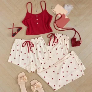 Heart Pajama Set with sleeveless vest top, matching shorts, long pants, heart print, and cute homewear styling