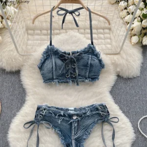 Denim Bikini Set with halter cami top, matching mini brief, button detail, and frayed trim