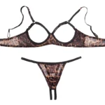Hollow Bra Set with open cup bralette, leopard mesh, matching thong, and bold lingerie styling