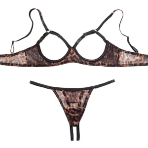 Hollow Bra Set with open cup bralette, leopard mesh, matching thong, and bold lingerie styling