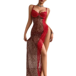 Leopard Lace Nightdress with matching thong, sheer mesh fabric, lace trim, and high slit detail