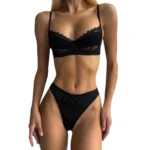Satin Lace Bra Set with plunge bra, lace patchwork, matching thong, and romantic lingerie styling