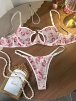 Rose Mesh Lingerie Set with sheer floral bra, heart cutout detail, matching thong, and romantic styling