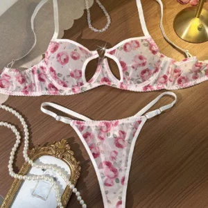Rose Mesh Lingerie Set with sheer floral bra, heart cutout detail, matching thong, and romantic styling
