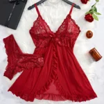 Lace Slip Nightdress with V-neckline, sheer lace cups, matching panties, and soft summer sleepwear styling