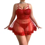 Ruffle Mesh Nightdress with sheer fabric, ruffle hem, embroidered detail, matching thong, and plus size fit