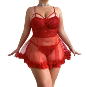 Ruffle Mesh Nightdress with sheer fabric, ruffle hem, embroidered detail, matching thong, and plus size fit