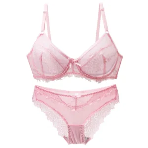 Ultra Thin Lace Set with sheer lace bra, matching panty, underwire support, and romantic styling