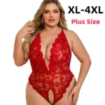 Blue Lace Bodysuit with sheer floral lace, halter neckline, and plus size fit