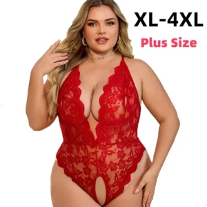 Blue Lace Bodysuit with sheer floral lace, halter neckline, and plus size fit