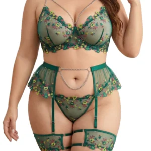 Embroidered Garter Set with sheer floral mesh, matching panty, garter straps, and plus size lingerie styling