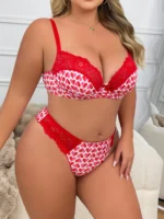 Heart Lace Set with red heart print cups, lace trim, matching panty, and plus size lingerie fit