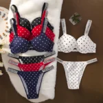 Polka Dot Bra Set with push-up bra, matching panty, underwire support, and multiple color options