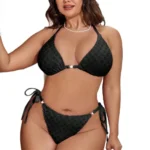 Plus Size Bikini Set with textured triangle top, tie-side bottom, adjustable straps, and pearl-style accents