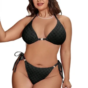 Plus Size Bikini Set with textured triangle top, tie-side bottom, adjustable straps, and pearl-style accents