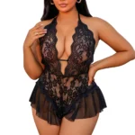 Plus Size Lace Bodysuit with sheer floral lace, deep V neckline, mesh skirt detail, and romantic styling