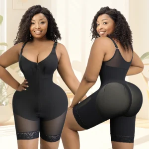 Tummy Control Shaper with zip front, firm control, thigh coverage, and plus size body shaping support