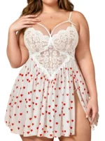 Heart Mesh Babydoll with red heart print, lace cups, V-neckline, and side slit detail