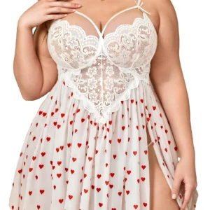 Heart Mesh Babydoll with red heart print, lace cups, V-neckline, and side slit detail