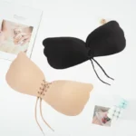 Drawstring Stick On Bra with self-adhesive silicone cups, front lace-up closure, and strapless backless support