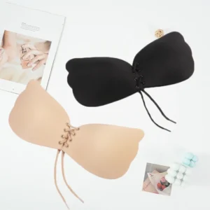 Drawstring Stick On Bra with self-adhesive silicone cups, front lace-up closure, and strapless backless support