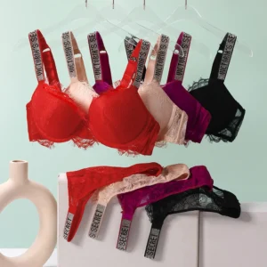 Rhinestone Lace Set with padded lace bra, matching panty, crystal strap detail, and elegant lingerie styling