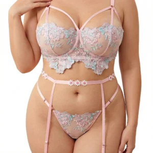 Pastel Embroidery Set with sheer floral lace, soft pink straps, matching panty, and plus size romantic styling