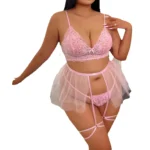 Pink Tulle Garter Set with lace bra, puff tulle skirt, matching panty, and plus size romantic styling