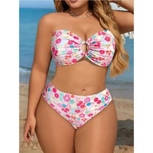 Floral Ring Bikini Set with plus size fit, front ring detail, floral print, and flattering two-piece swimwear design