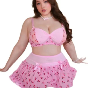 Cherry Tulle Set with cherry print bra, sheer mini skirt, bow details, and plus size lingerie styling
