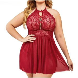 Halter Lace Nightdress with lace bodice, cutout front, bow accents, sheer mesh skirt, and plus size fit