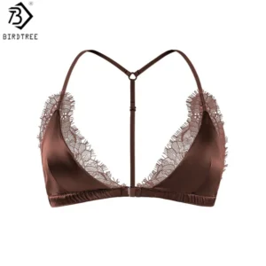 Silk Lace Bralette with front closure, wireless triangle cups, and delicate lace trim