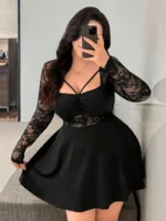 Lace A-Line Dress with sheer long sleeves, ruched bust, and waist-defining floral lace