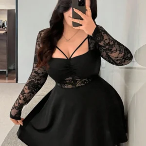 Lace A-Line Dress with sheer long sleeves, ruched bust, and waist-defining floral lace