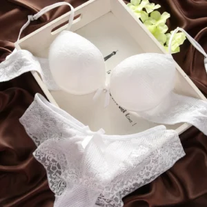 Bow Lace Bra Set with push-up bra, matching lace panties, bow detail, and underwire support