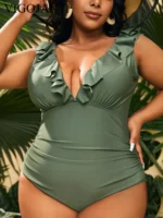 Ruffle Plus Swimsuit with V-neck front, one-piece coverage, soft ruffle trim, and plus size beachwear fit